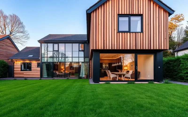 Modern detached family home with large glazing and lawn