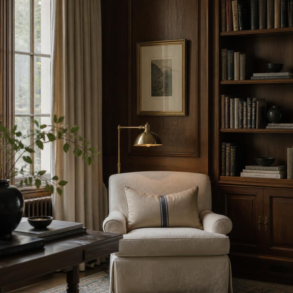 Quiet library nook with brass reading lamp and linen armchair