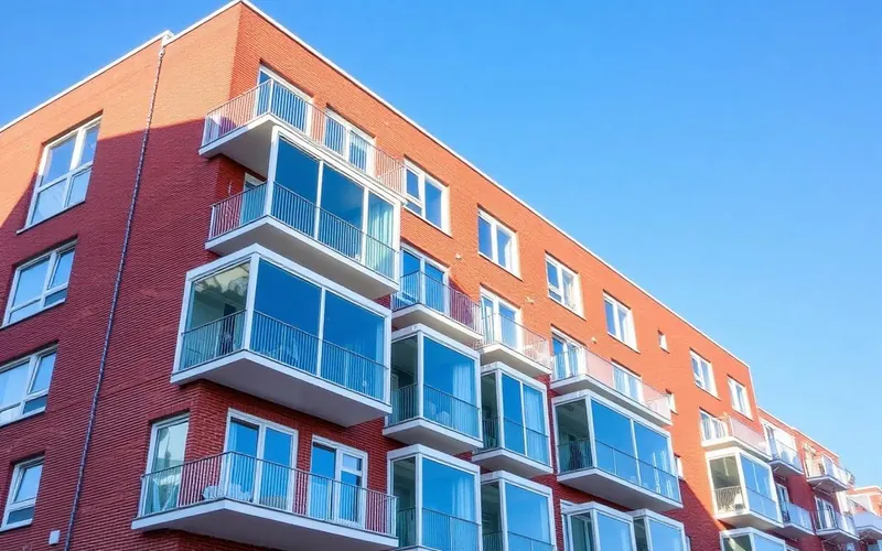 Nieuw Dutch appartementencomplex met rode baksteen en balkons