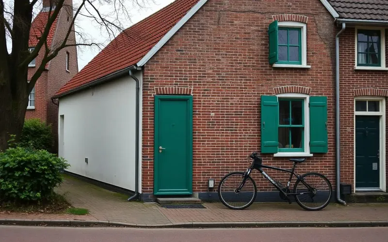 Kleine Nederlandse dorpswoning met groene luiken