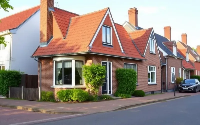 Nederlandse hoekwoning met erker en voortuin aan een rustige straat