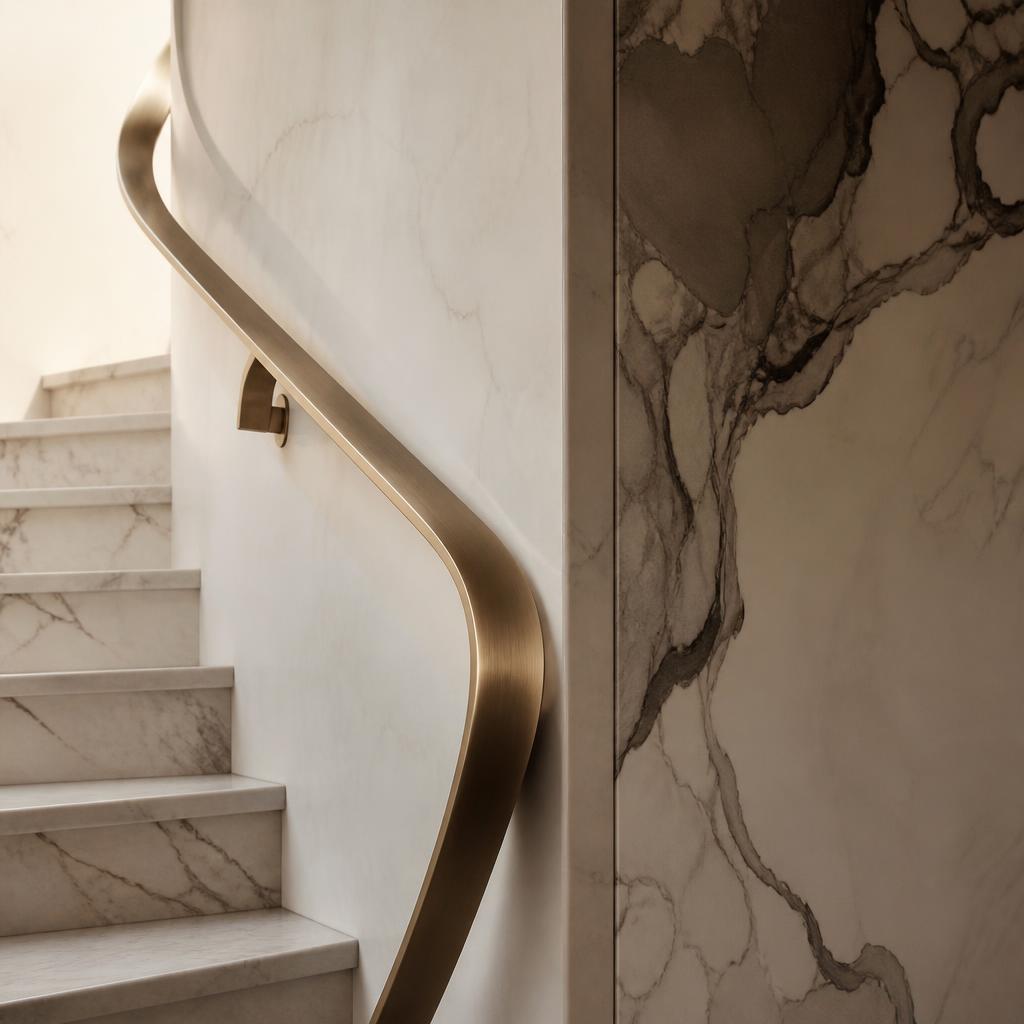 Marble staircase with brushed brass handrail